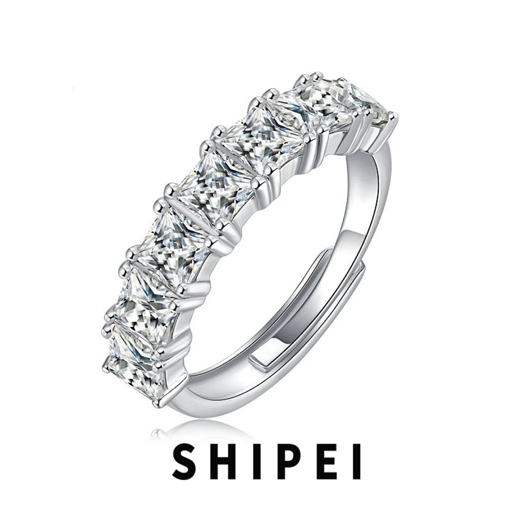 

SHIPEI 4*4MM Princess Cut D Moissanite Diamond Gemstone Wedding Band Jewelry 100% 925 Sterling Silver Adjustable Ring Wholesale