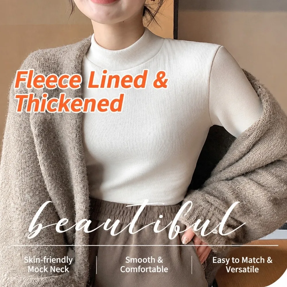 Soft Touch Thickened Turtleneck Top Half Turtleneck Stretchy Fabric Knit Blouse Fleece Lined Warm Undershirt Outerwear Match