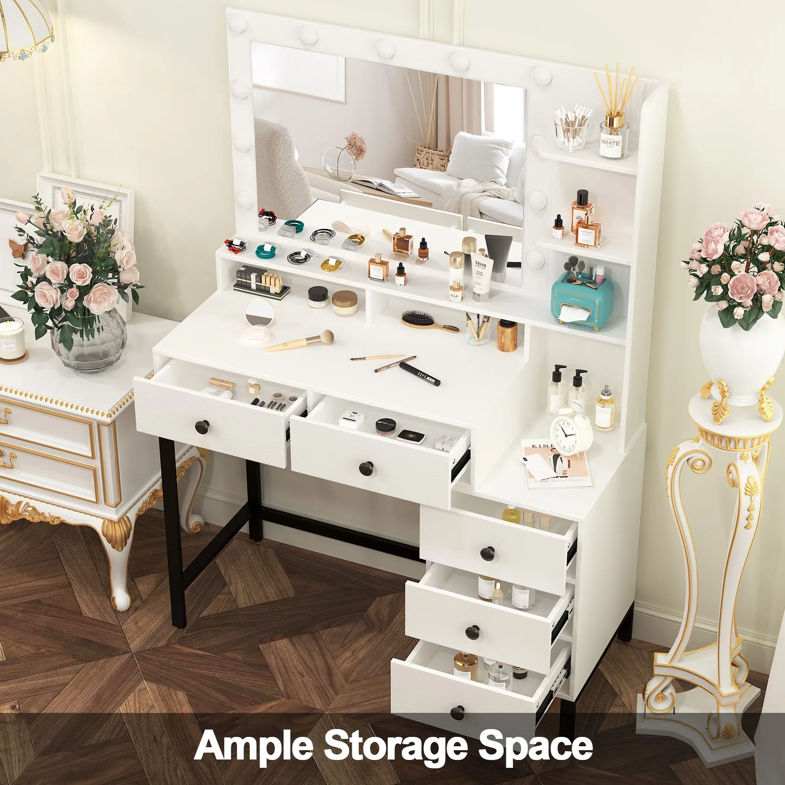 Tocador de maquillaje, escritorio de tocador de maquillaje blanco moderno con 5 cajones y 10 espejos LED para dormitorio
