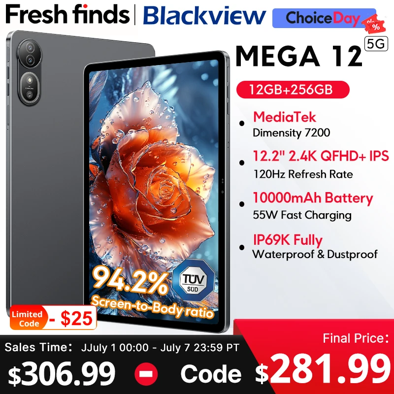 Blackview MEGA 12タブレット 5G Dimensity 7200 CPU 12.2インチ 2.4K 120Hzディスプレイ IP69K防水 50MP 10000mAh パッドPC
