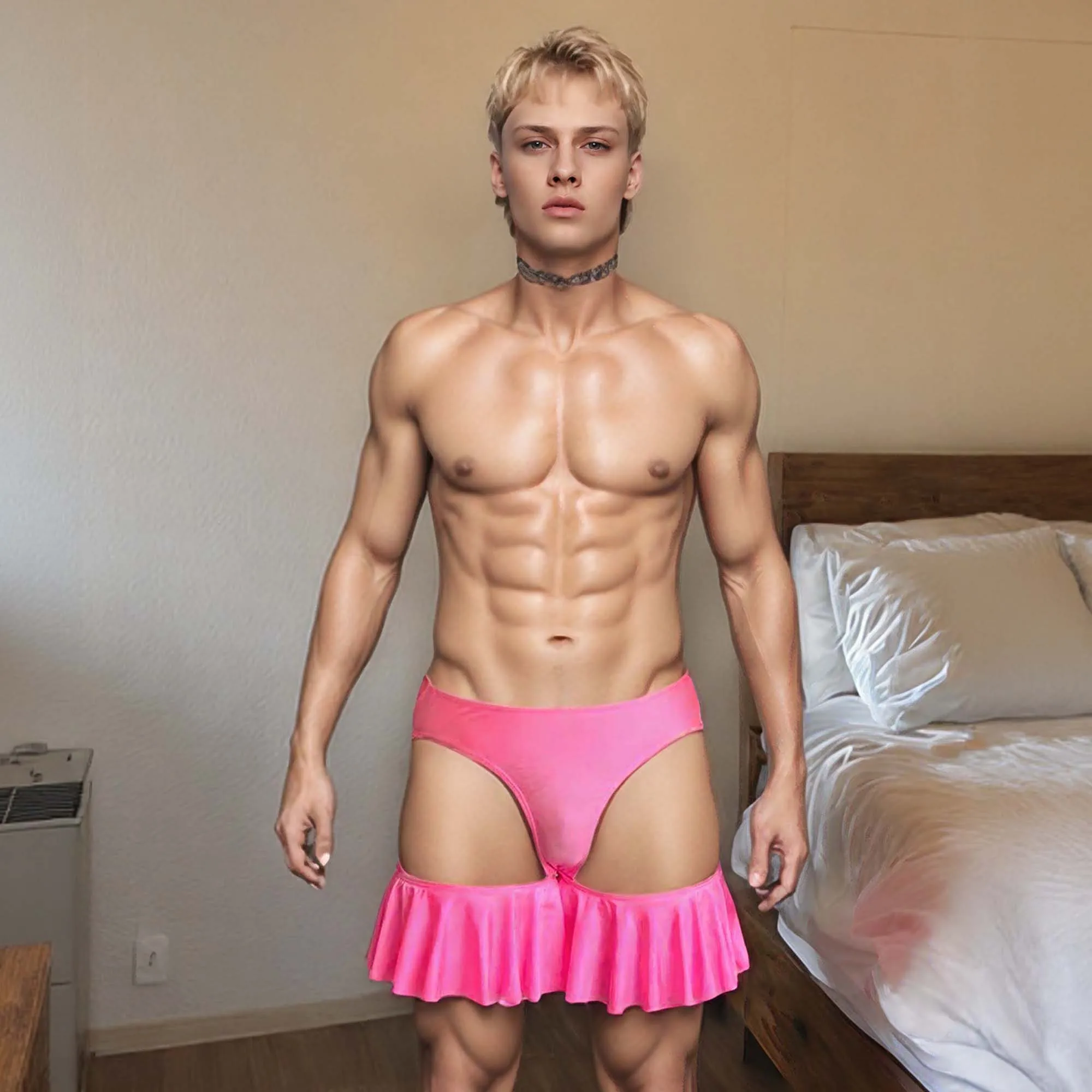 

XMJXMYMen's sexy solid color hollow lotus leaf lace pleated skirt, erotic shorts, swimming trunks