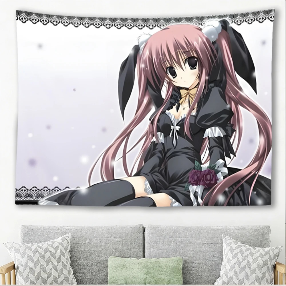 Gothic Lolita Anime Girl Tapestry Pink Twin Tails Bunny Ears Black Dress Lace Border Wall Hanging Kawaii Otaku Bedroom Decor Gif