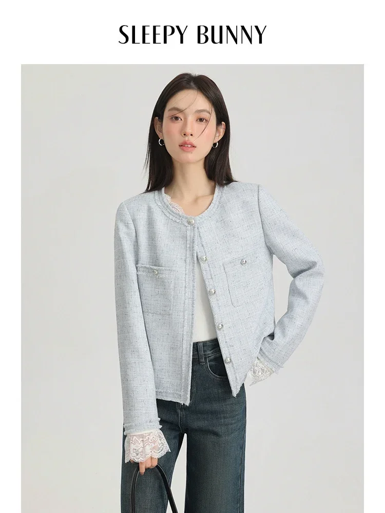 Blazer Wol Gaya Retro Wanita Musim Semi 2025 Jaket Leher Bulat Elegan dengan Bantalan Bahu Mantel Pakaian Luar Wanita Kantor Kasual Chic