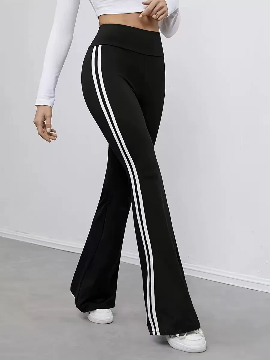 New Black High-Waisted Slim Fit Casual Pants with White Side Flare for Sporty and Stylish Looks