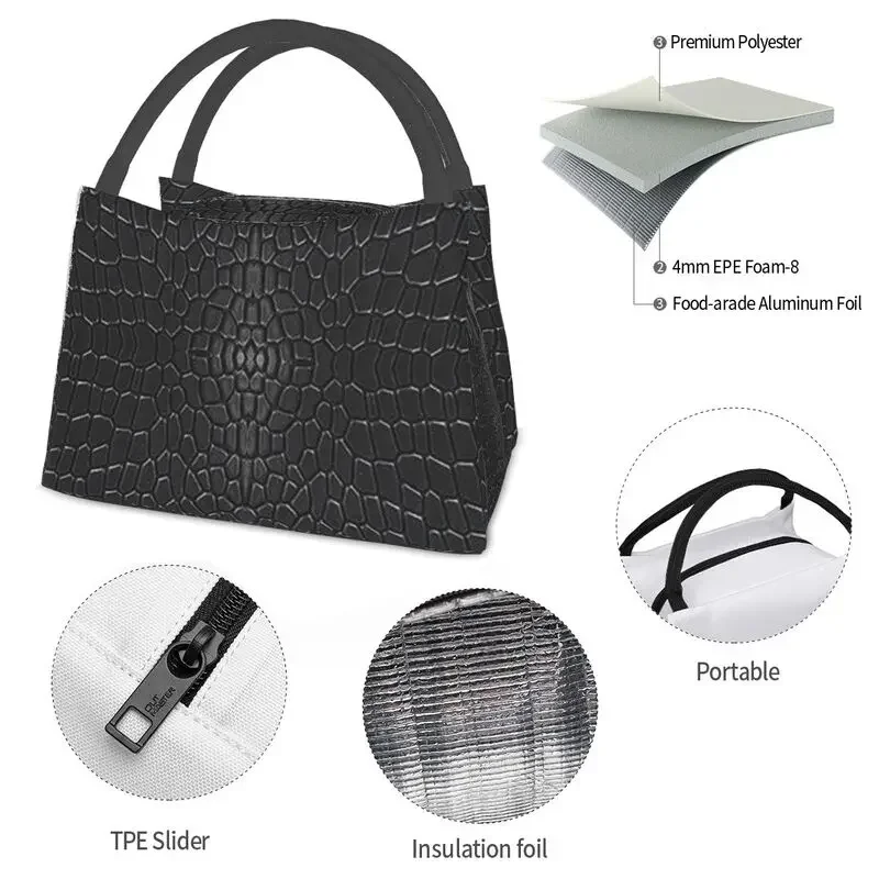 Black Crocodile Skin Leather Thermal Insulated Lunch Bag Alligator Texture Lunch Tote for Office Outdoor Storage Meal Food Box