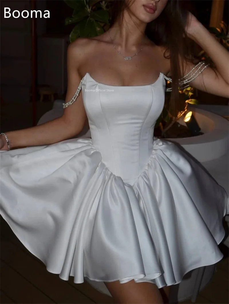 Booma a-line عاجي صغير عاري الكتفين من الساتان فساتين زفاف مطوي بسيط لؤلؤ أنيق فستان عرائس مصنوع حسب الطلب 2025