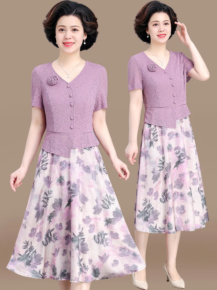 

Young Mom Summer Dr Faionable Chiffon ort Sve Skirt Splice Design Mid-aged And ly Women's Clothing V-ne Midi...