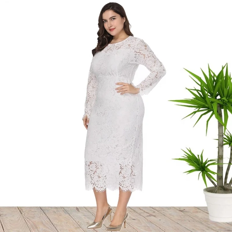 High Quality Fabric Cotton Long Sleeve Plus Size Maxi Party Evening Lace Dress For Elegant Ladies