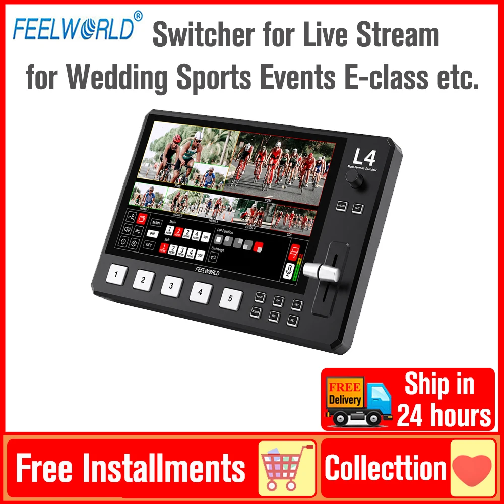 Mezclador de video FEELWORLD USB3.0 L4 con pantalla táctil ymutador de monitores múltiples para transmisión en vivo/eventos deportivos/bodas