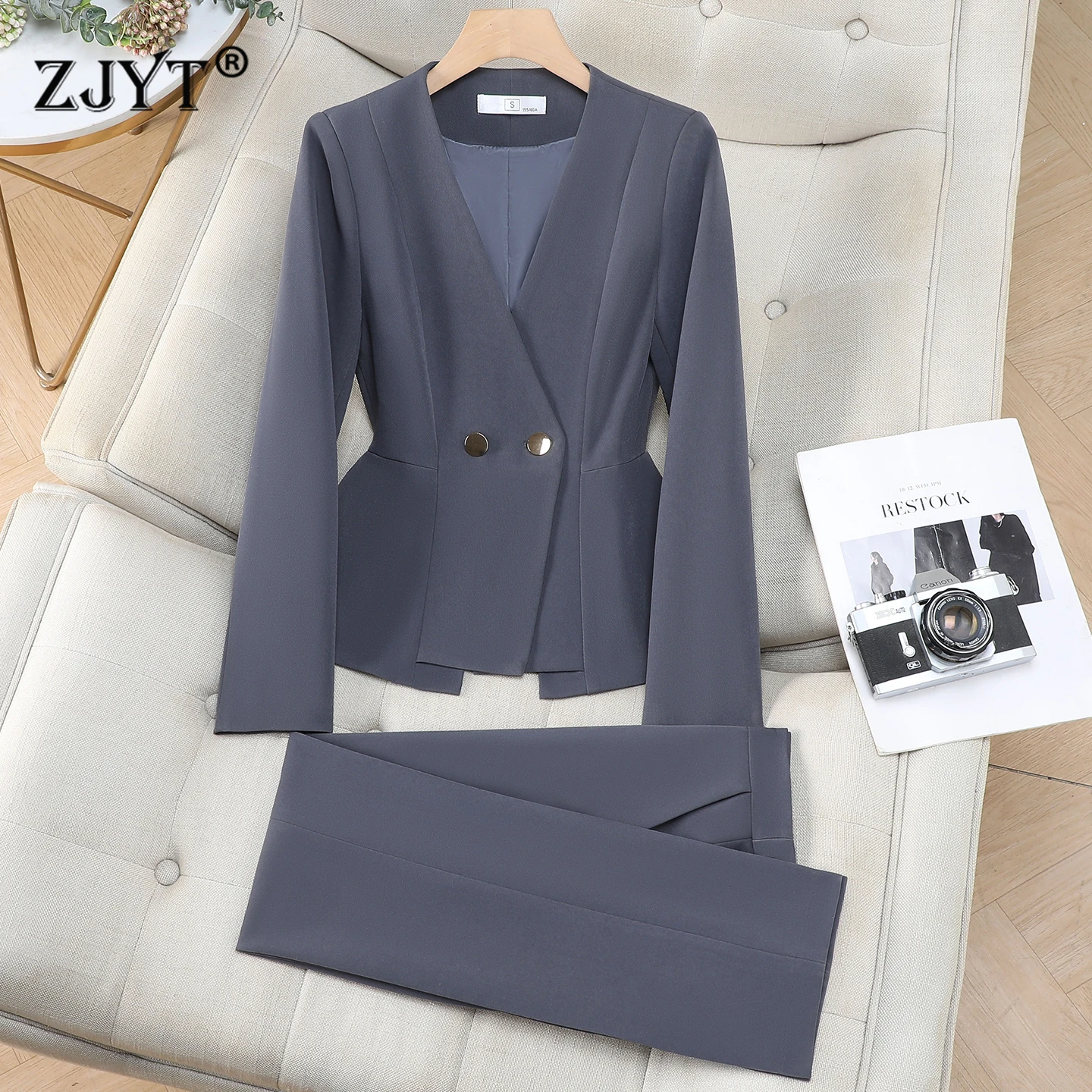 ZJYT New Autumn Women's Blazer and Pants 2 Piece Matching Sets Elegant Office Lady Work Outfit Plus Size Black Trousers Suits