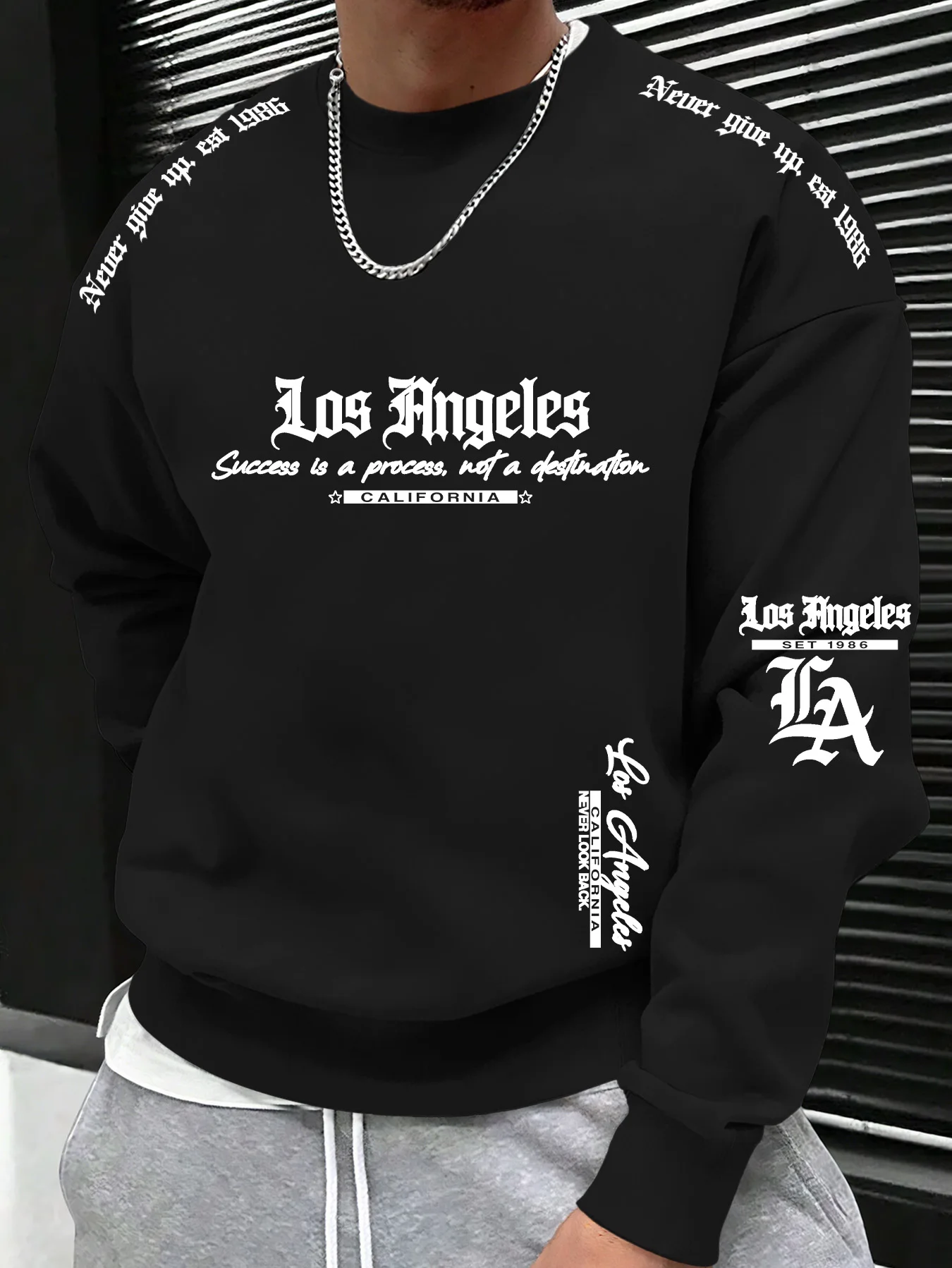 Herren Casual Rundhals-Langarmshirt, Los Angeles Gothic-Schriftzug-Slogan-Grafikdruck-Sweatshirt, S-XXL – Detail 4