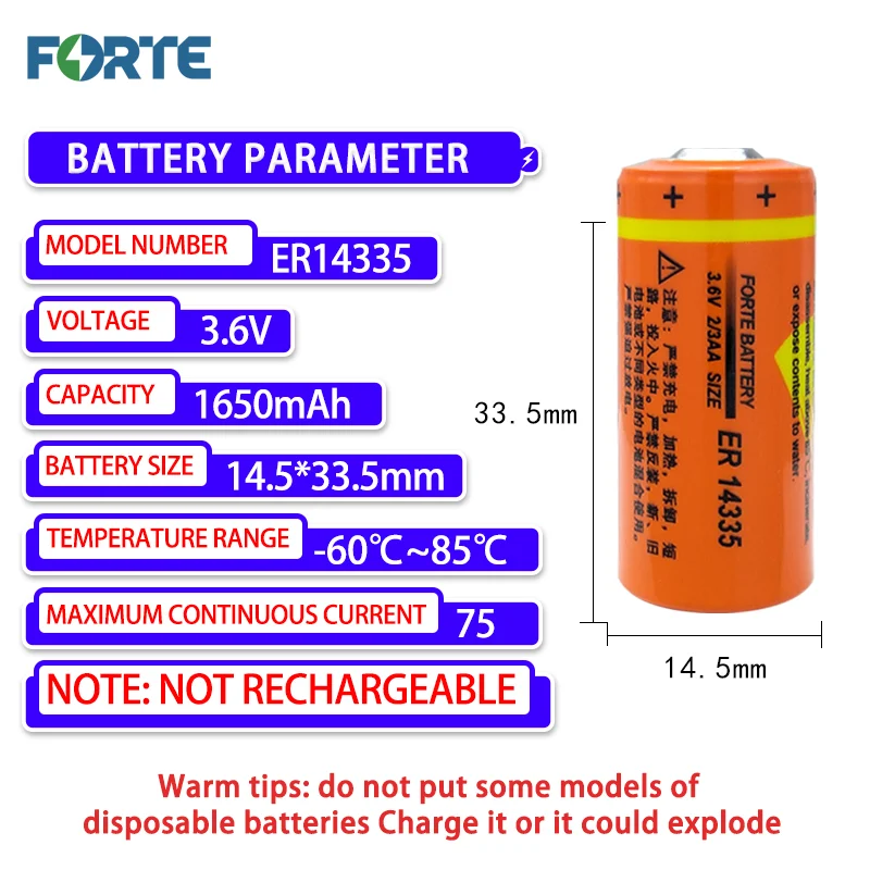 Forte ER14335 2/3AA with Welding Foot Disposable Lithium Battery 3.6V Gas Detector Battery Smoke Alarm ER14335H Non-rechargeable