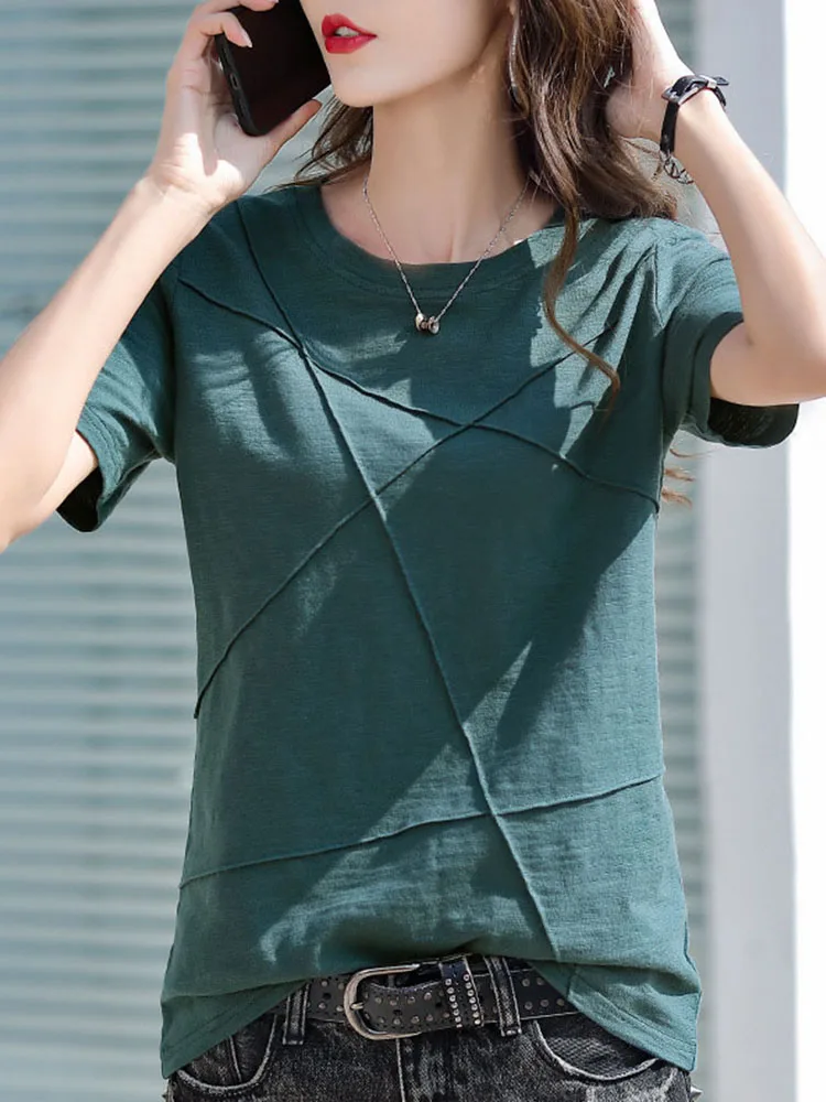 Summer Slim Cotton Bamboo T-Shirts Women 2024 O-Neck Short Sleeve Ribbed Tshirts Female Casual Solid Color Tops