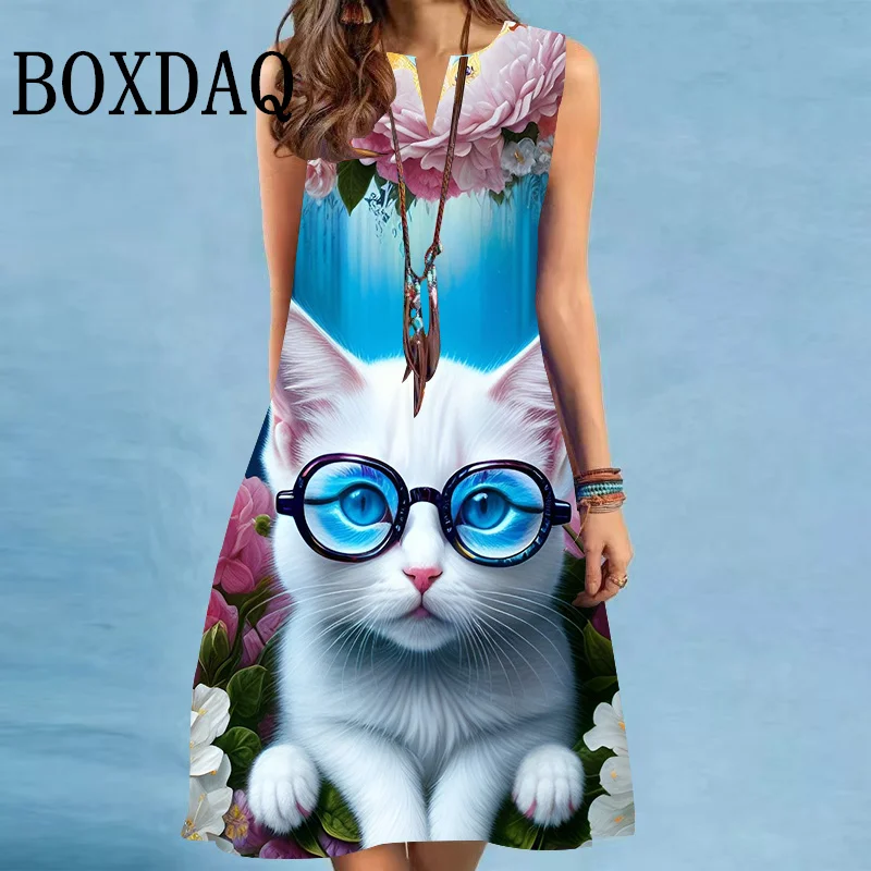 Fantasy Cute Cats Women Kawaii Dresses Elegant Casual Party Sleeveless 3D Print Dress New Spring Fashion Street Hipster Dresses