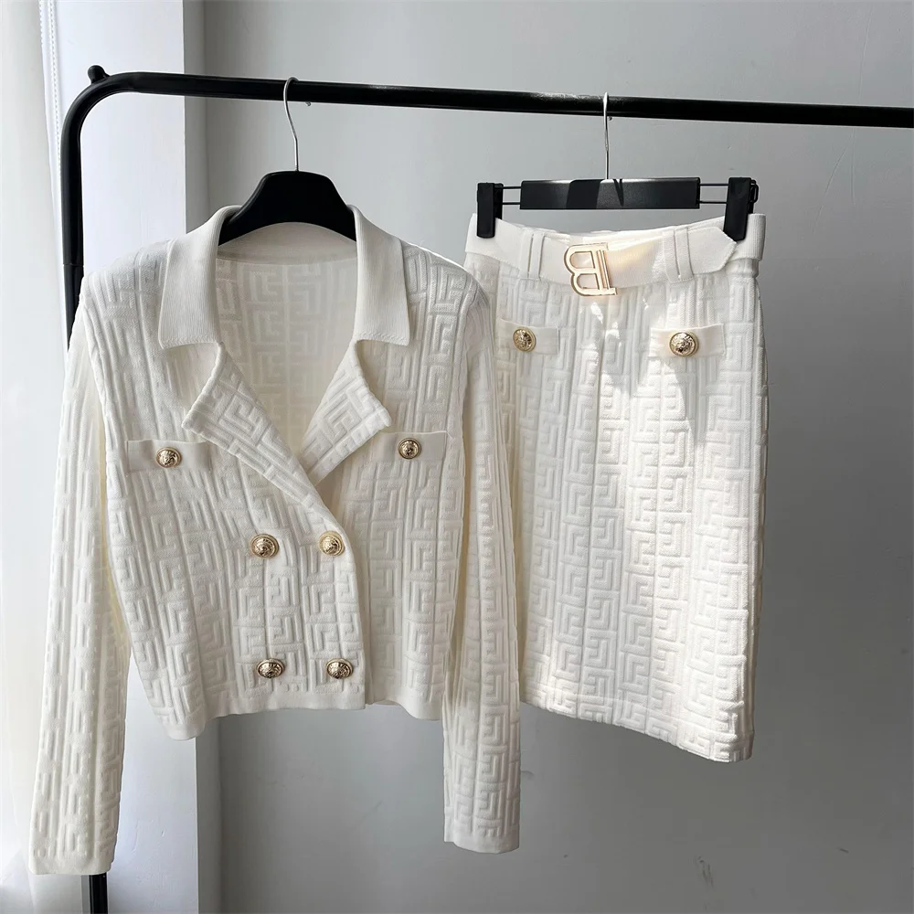 High Quality Women Fashion Elegant Ladies Jacquard Shoulder Pads Short Stretch Knitted Cardigan Jacket Top + Skirt Two-Piece Set