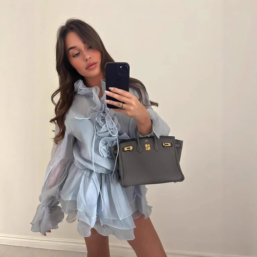 Mini robe d'été à volants abricot pour femmes, élégante, couleur unie, Slim, chemise trapèze, mode, manches longues, robe de plage, vacances, 2025