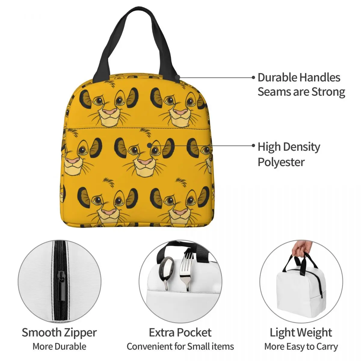 Lion King Insulated Lunch Bags Leakproof Simba Face Cute Cartoon Reusable Thermal Bag Lunch Box Tote College Travel Food Bag