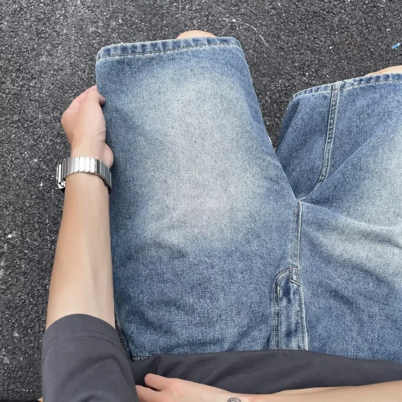 여름 데님 반바지 남성 얇은 중간 길이 캐주얼 작업복 반바지 루즈 스트레이트 레그 남성 워싱 7부 청바지