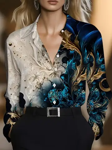 Floral Ladies' Long Sleeved Lapel Button Fashionable Versatile Shirt 3D Floral Gradient Printed Casual Top