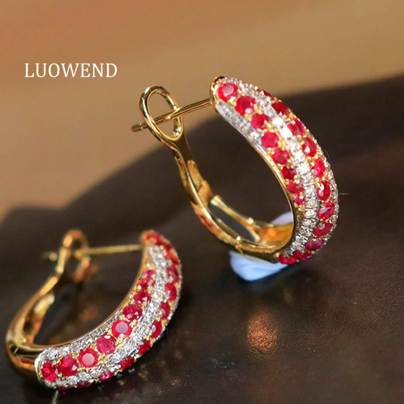 

Серьги LUOWEND из 100% желтого золота 18 карат в винтажном стиле с блестящими бриллиантами и натуральными рубинами, серьги-кольца для женщин, ювелирные изделия с высоким драгоценным камнем