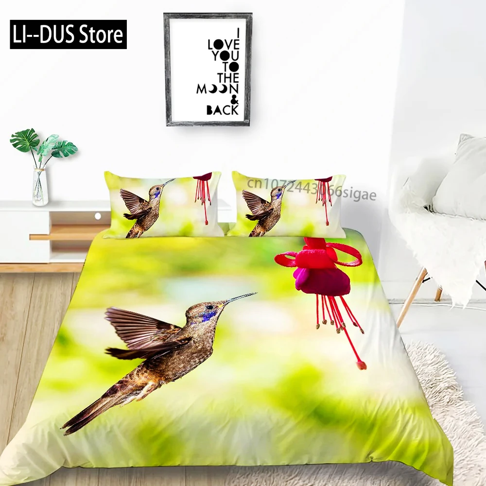 

Hummingbird Duvet Cover Set King/Queen Size Small And Cute Tropical Bird Yellow Flower Green Leaves Bedding Set Women