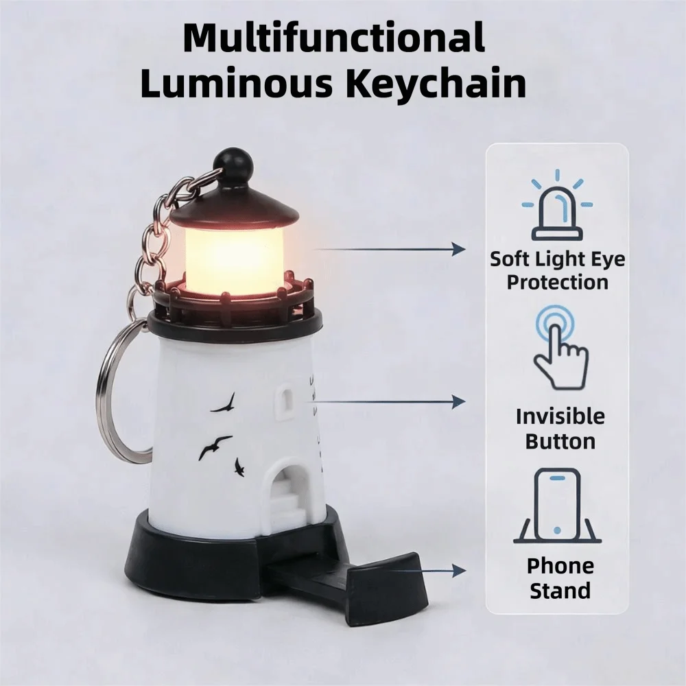Luminous Lighthouse Keychain LED Light Up Night Light Keychain Bag Charm Mobile phone stand Mini Hanging Ornament Practical