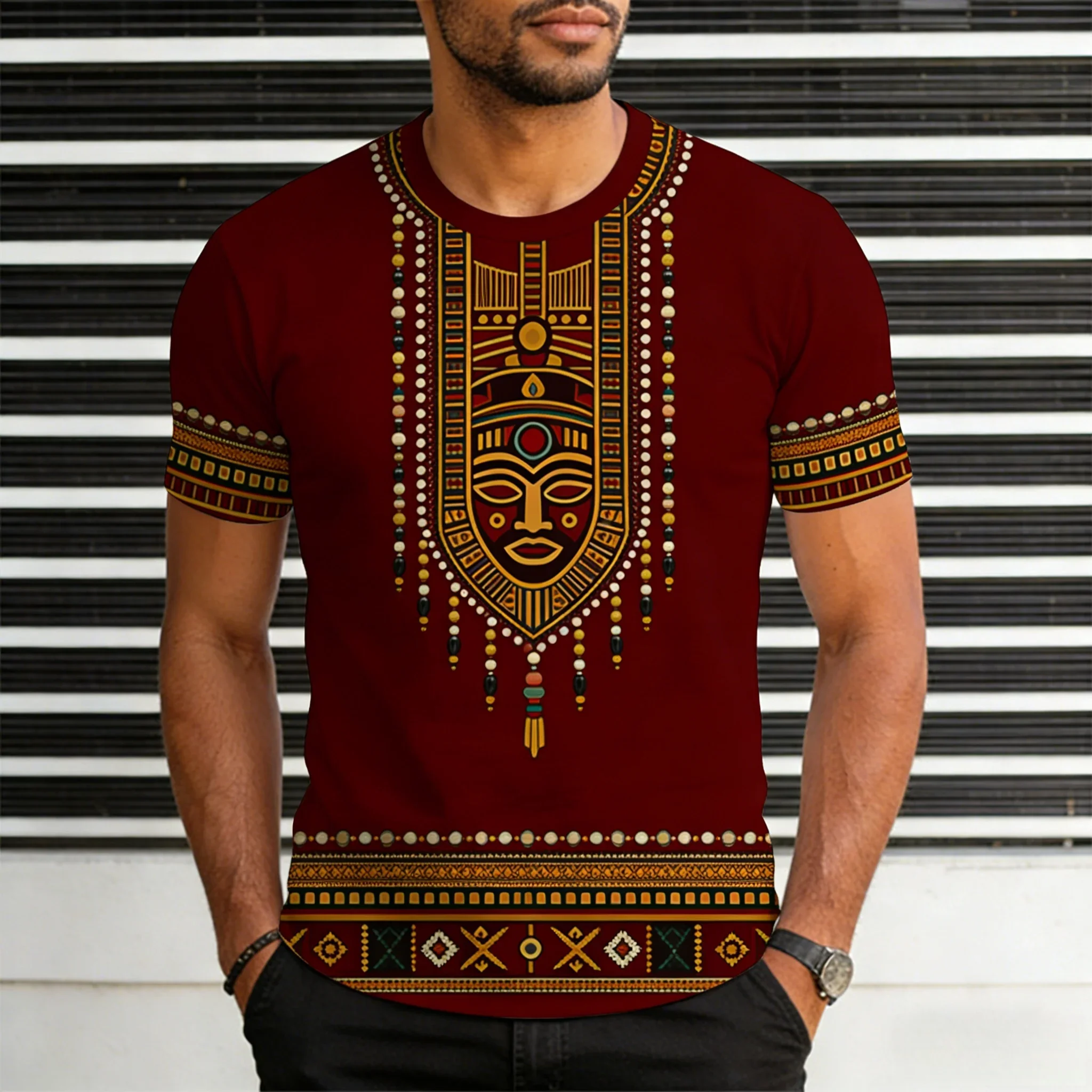 Vintage Afrikanisches Traditionelles Grafik-T-Shirt für Herren Sommer Lässiges Kurzarm-Oberteil Tiki-Stil Tops Strandurlaub T-Shirt