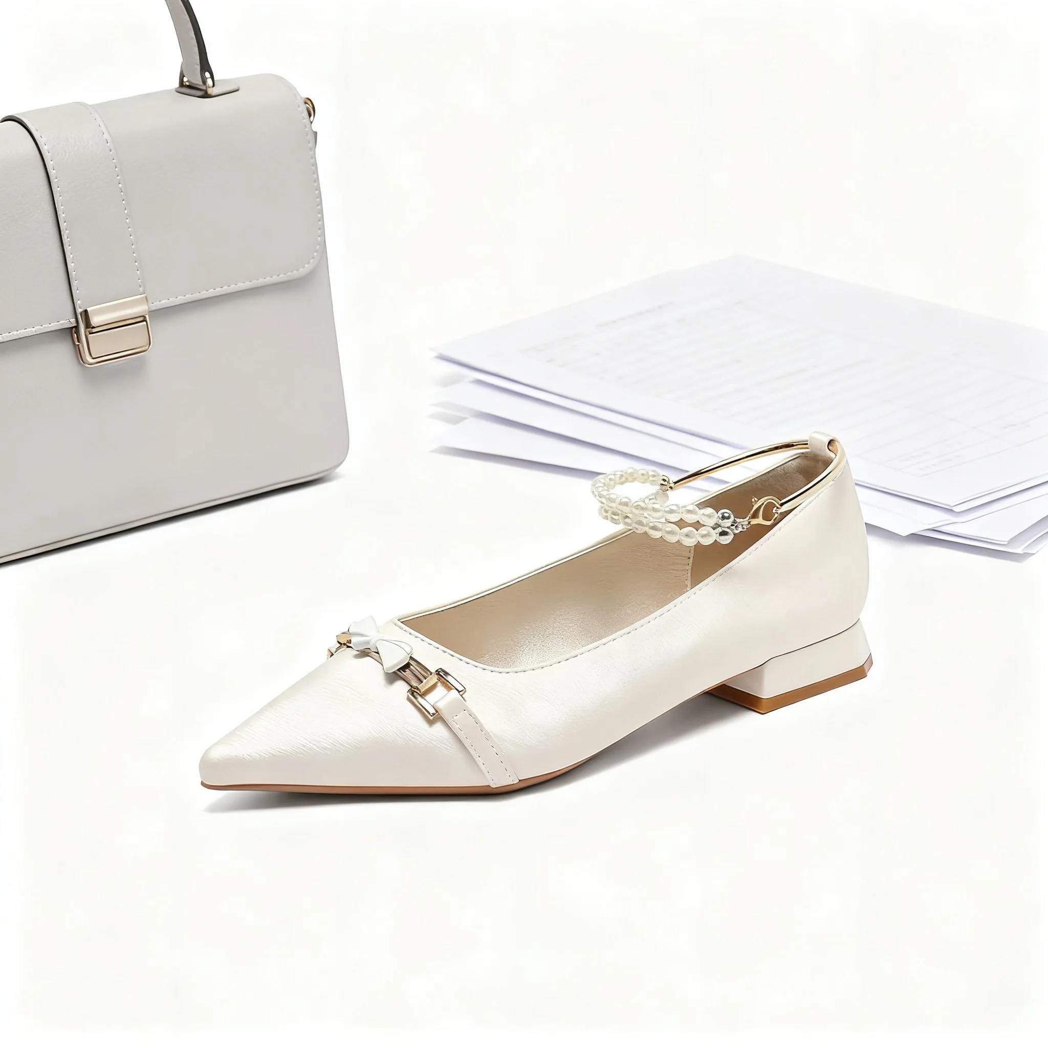 

White Pointed Toe Flat Bottom Shoes with Pearl Buckle Strap Elegant Women's Footwear