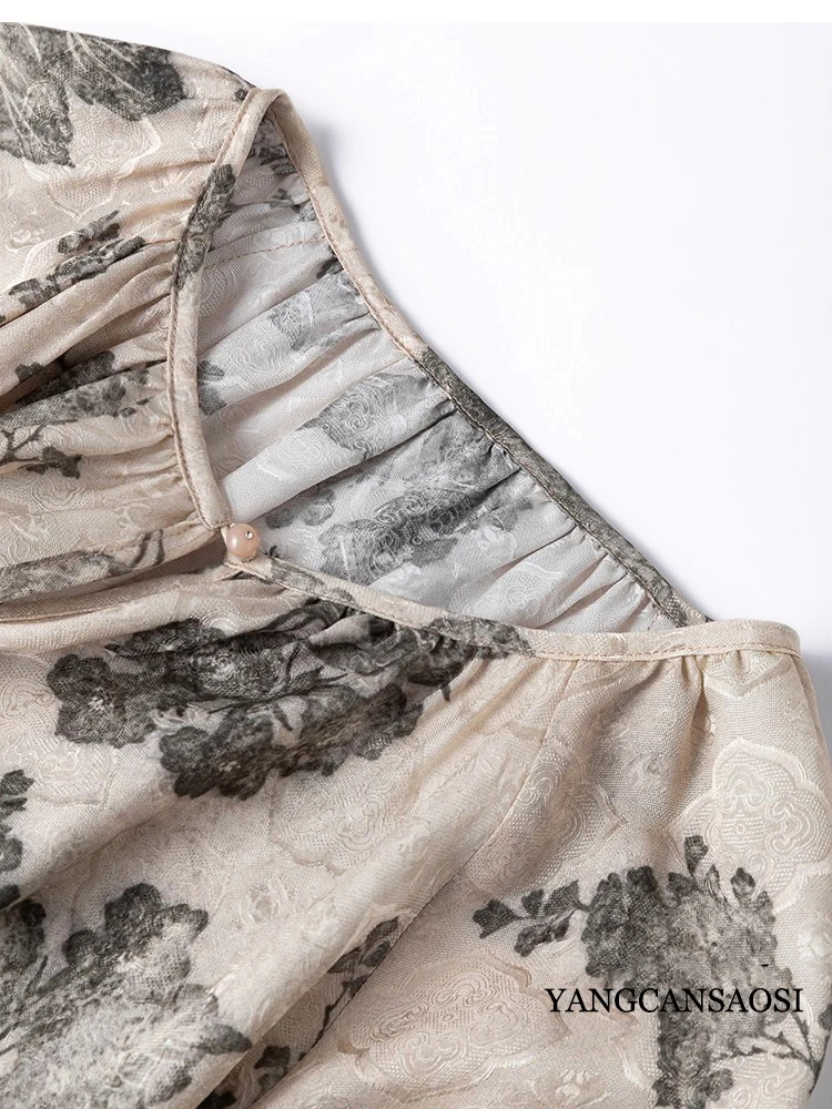 Damska odzież z nadrukiem atramentowym, 19MM, 100% naturalny jedwab morwowy, żakardowa satyna HuaLuo, okrągły dekolt, rękawy typu latarnia, luźna koszulka z długim rękawem.