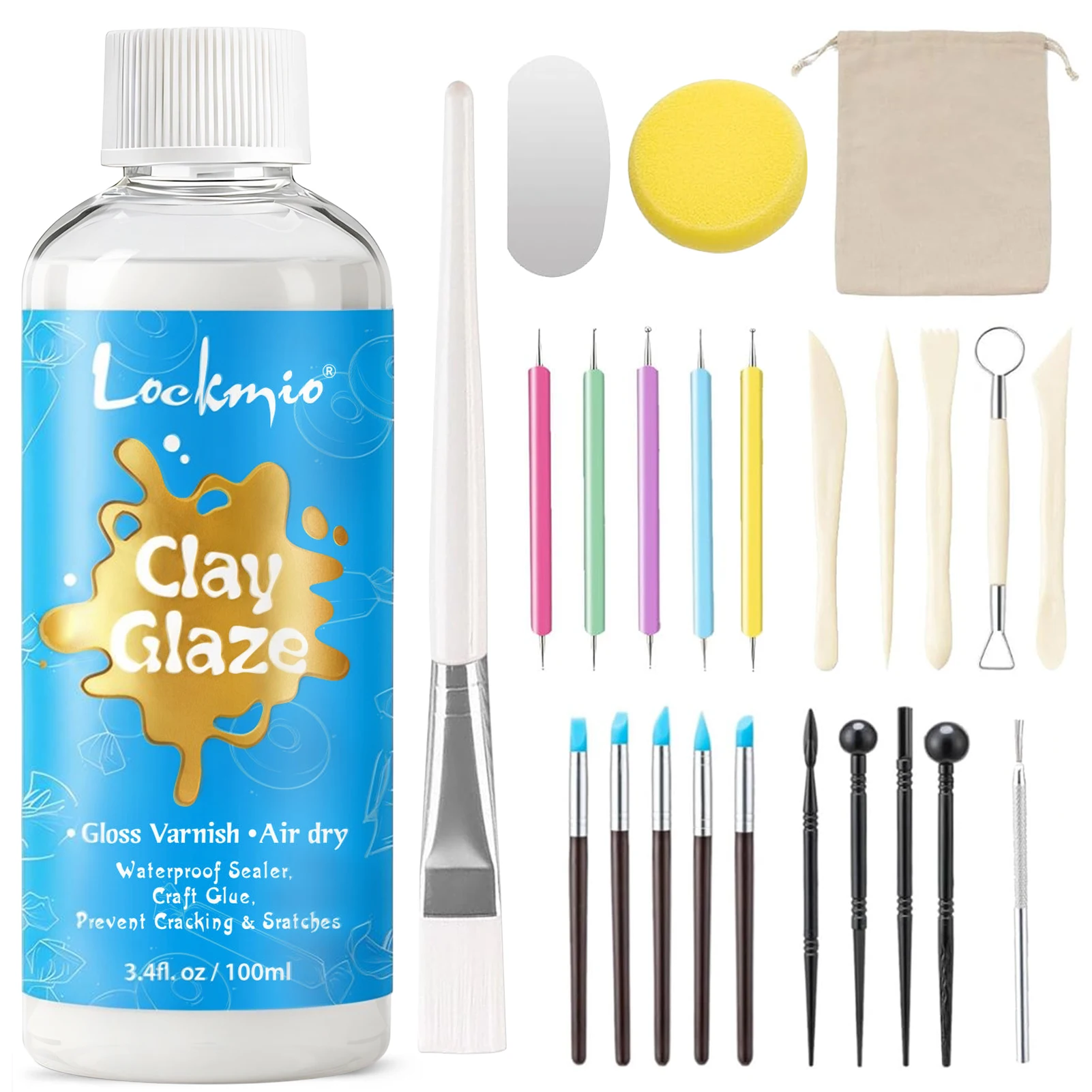 

25pcs Professional Clay Sculpting Tools and 100ml Gloss Glaze Kit for Air Dry Clay Waterproof Varnish Sealer Anti Cracking Pottery Modeling Carving Set with Silicone Pens Ball Stylus Dotting Tools Metal Scraper Sponge for DIY Arts Crafts Hobby
