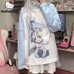 New Y2k Detachable Sleeve T-shirt Women Kawaii Clothes Anime Cat Print Tops Japanese Harajuku Tshirt E-girl Streetwear Loose Tee