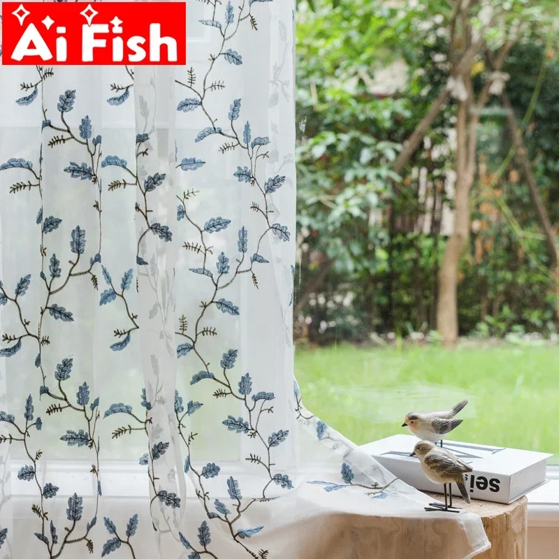 Blue Leaves Sheer For Kitchen Panel Coffee Luxury American Pastoral Embroidered Tulle Voile Curtain for Living Room WP203#30