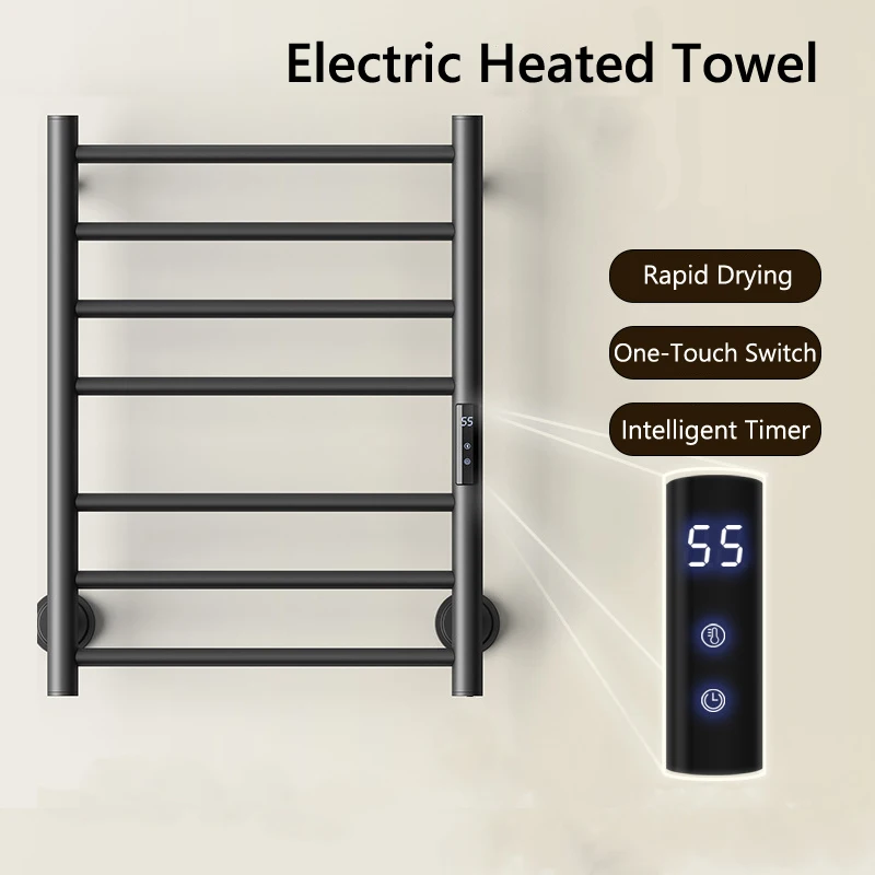 Black/White Bathroom Electric Heated Towel Rail Digital Display Towel Warmer Hidden/Exposed Wires Electric Towel Rack