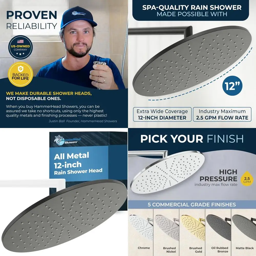Cabezal de ducha de alto flujo de metal macizo de 12 pulgadas, optimizado para presión, negro mate, montaje en pared o en techo