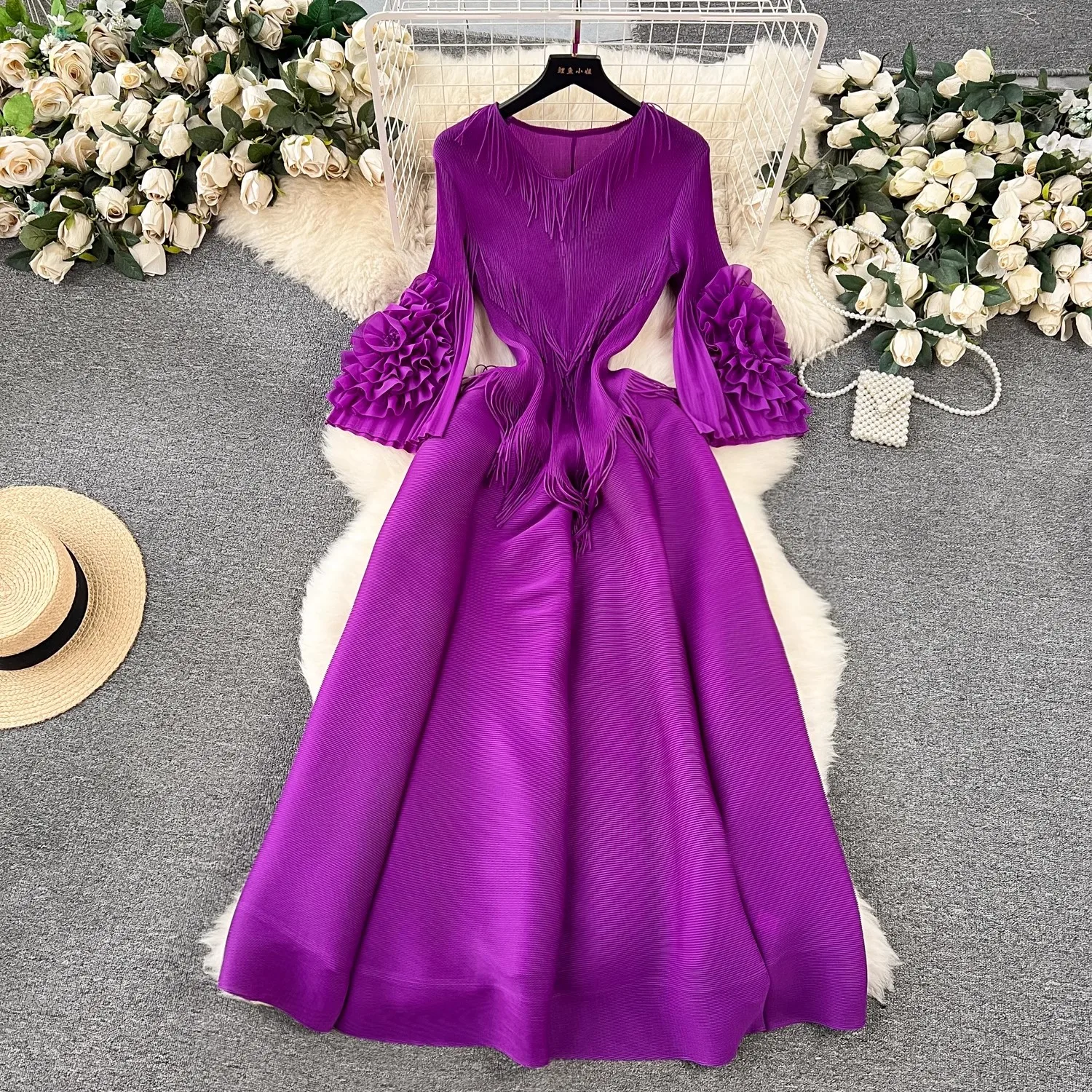 High Quality New Summer Miyake Pleated Loose Dress Oversize Women V Neck Heavy Discoid Flower Flare Sleeve Tassel Midi Vestidos