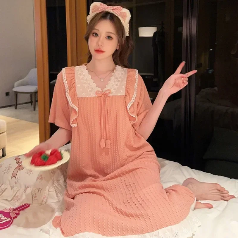 

Plus Size Summer Cotton Short-sleeved Nightgown Women Princes Style Loose Pajamas Dress Ruffle Loungewear Can Be Worn Outside