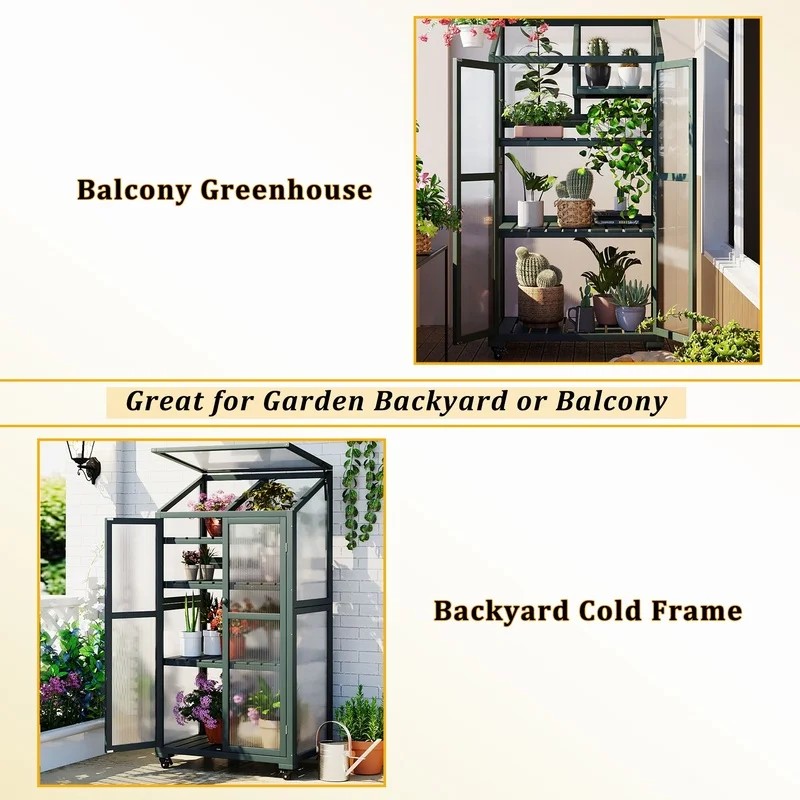 

62-inch Portable Greenhouse with Wheels and Adjustable Shelves for Indoor Outdoor Use, Forest Green