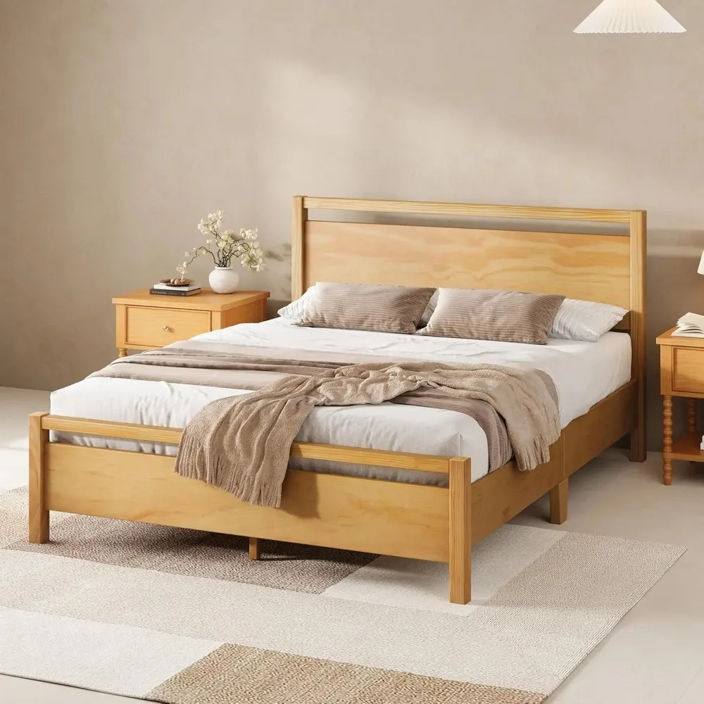 Queen Size Solid Wood Bed Frame with Headboard, Minimalist Platform Bed with Wood Slats Support/No Box Spring, Customized