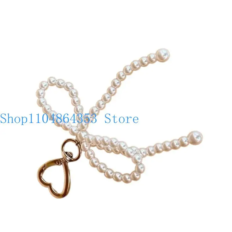 652F Fashion Pearl Bowknot Heart Cheychain Decorations Keyring Hanging Ornament