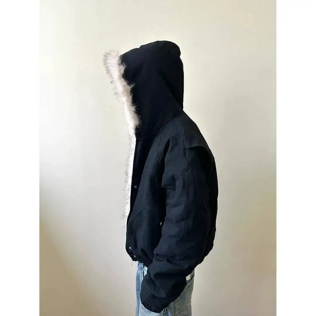 Retro Unisex Cleanfit Cotton Coat 2026 Spring Man Women Eagle Fur Collar Hooded Jacket Thickened Winter Outerwear Parkas