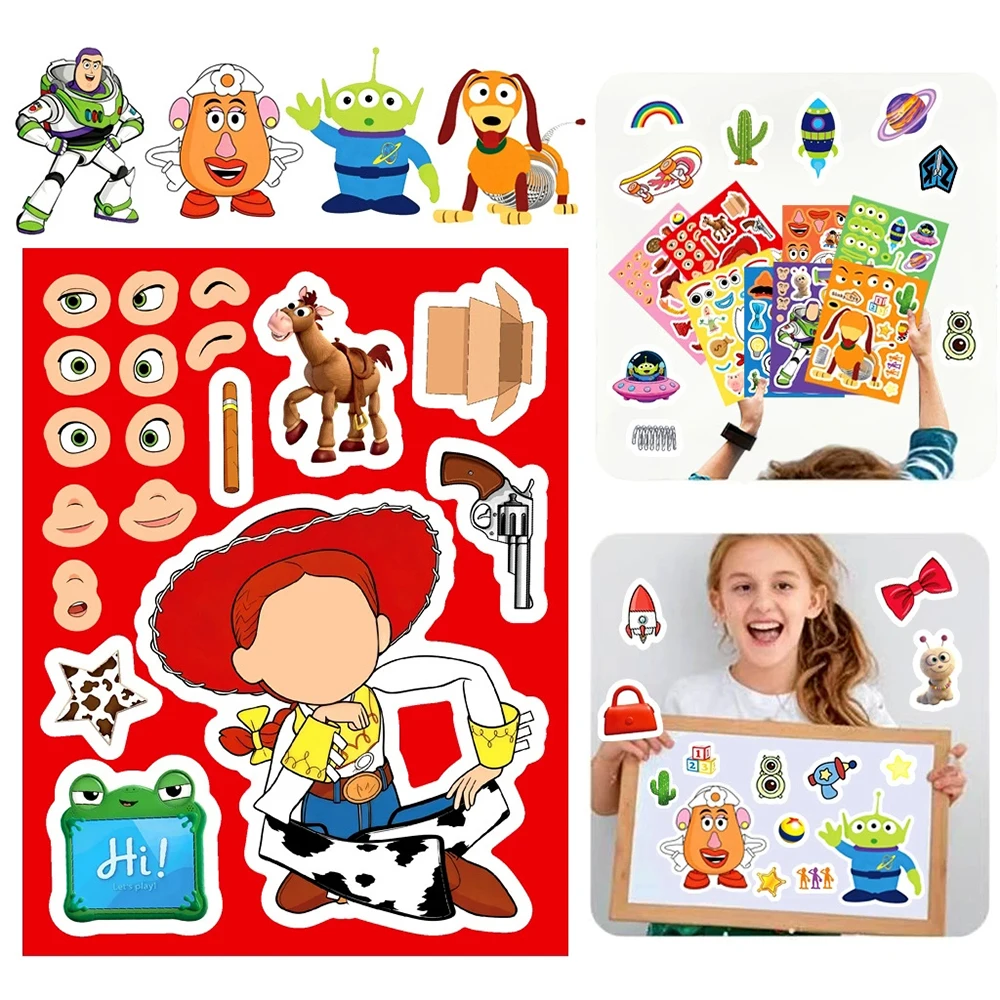 

8/16Sheets Disney Toy Story Puzzle Stickers Funny Make A Face Game Buzz Lightyear Face Assemble Jigsaw DIY Cartoon Sticker Gifts