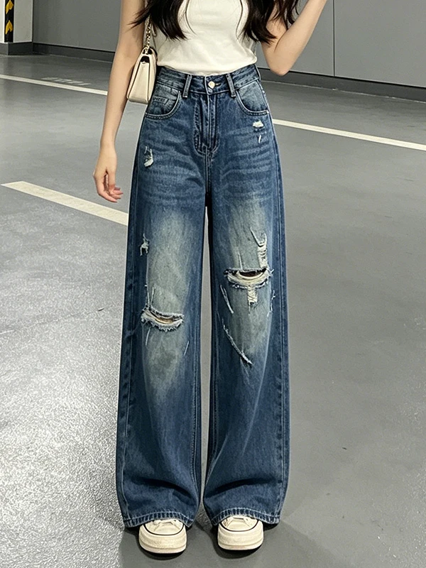 High Waist Straight Leg Denim Jeans Women's Summer New Style Casual Loose Fit Torn Hole Wide Leg Jeans Comfortable Casual Pants
