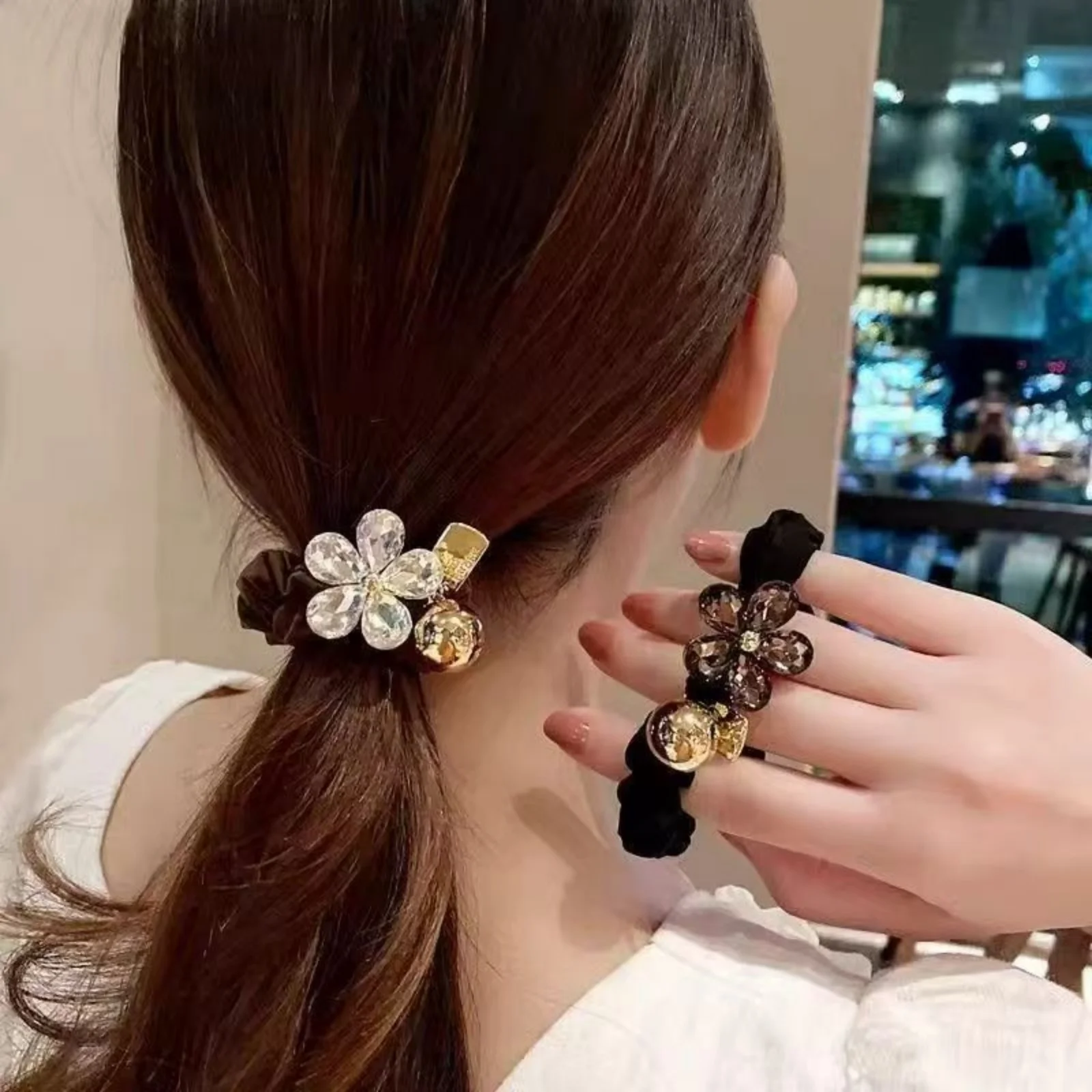 1/2 Stück Kristallblumen-Haargummis, transparenter/brauner Edelstein und goldener Dekor, elastische Haargummis, eleganter Haarschmuck im Retro-Stil