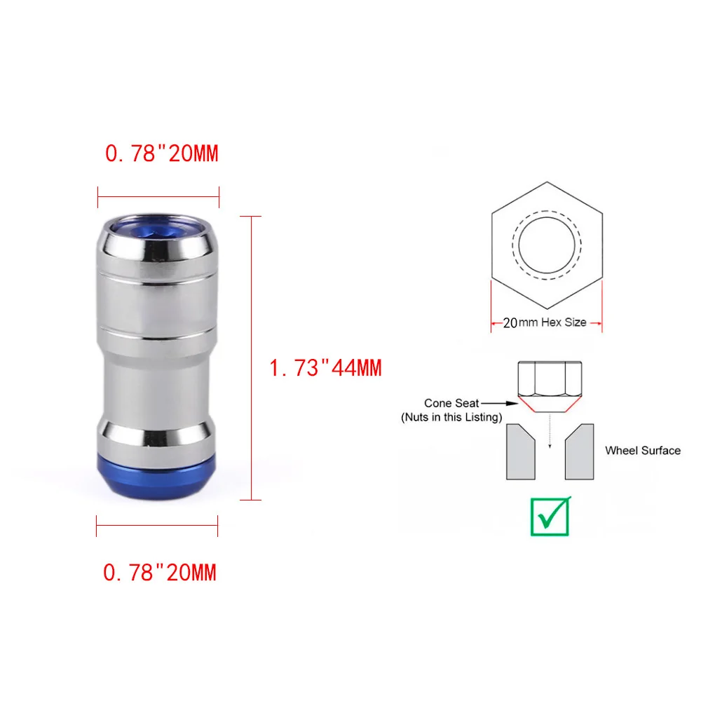 레이싱 은폐 헵타곤 포뮬러 스틸 휠 잠금 러그 너트, 도토리 림 클로즈 엔드 M12x1.25 M12x1.5, 20 개/세트