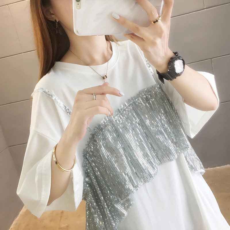 2024 Fake Two Sequins Patchwork Summer Fash Wear Patching T Shirts Women Mid-length Tops O Neck Short Sleeve Model Tees New Tide