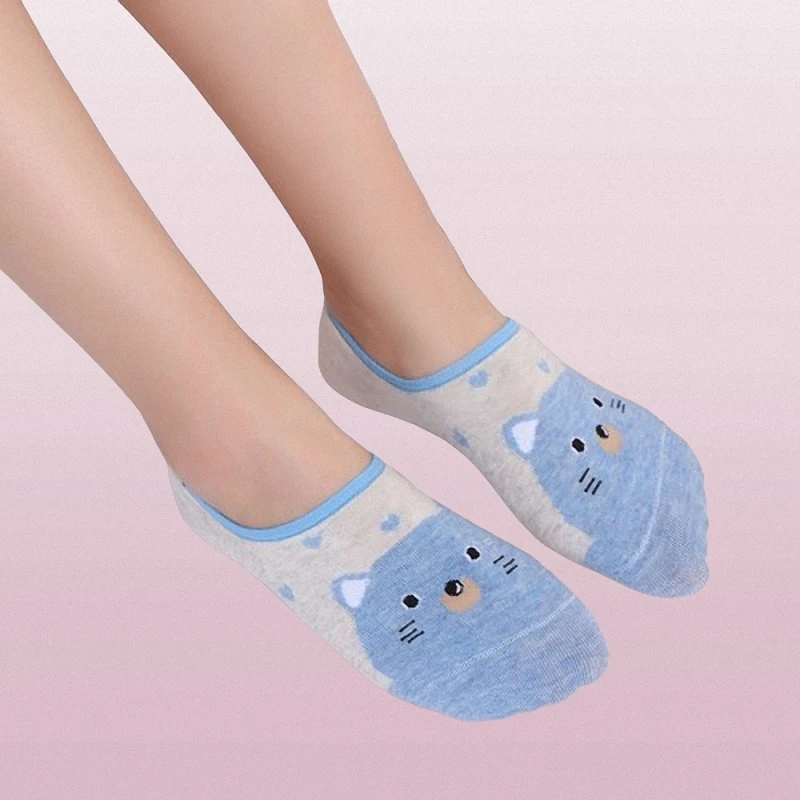 Chaussettes invisibles confortables pour femmes, 5/10 paires, décontractées, en silicone, non ald, bouche peu profonde, dessin animé mignon, bleu, respirantes