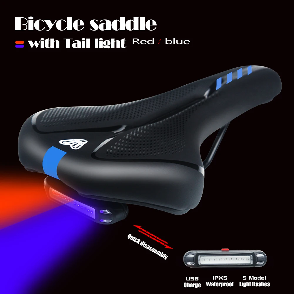 

Road MTB Bike Saddle Bicycle Seat with Tail Light Cycling Flashing Warning Shock Absorption PU Breathable Soft Open Seat Cushion