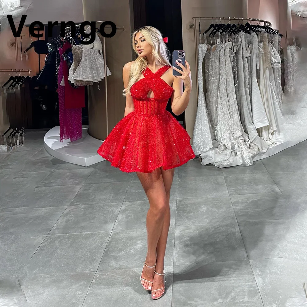 

Verngo Red Sequined Tulle Mini Party Dress Women Halter sleeveless Short Prom Gowns Criss Cross ut Out Sexy Formal Dress