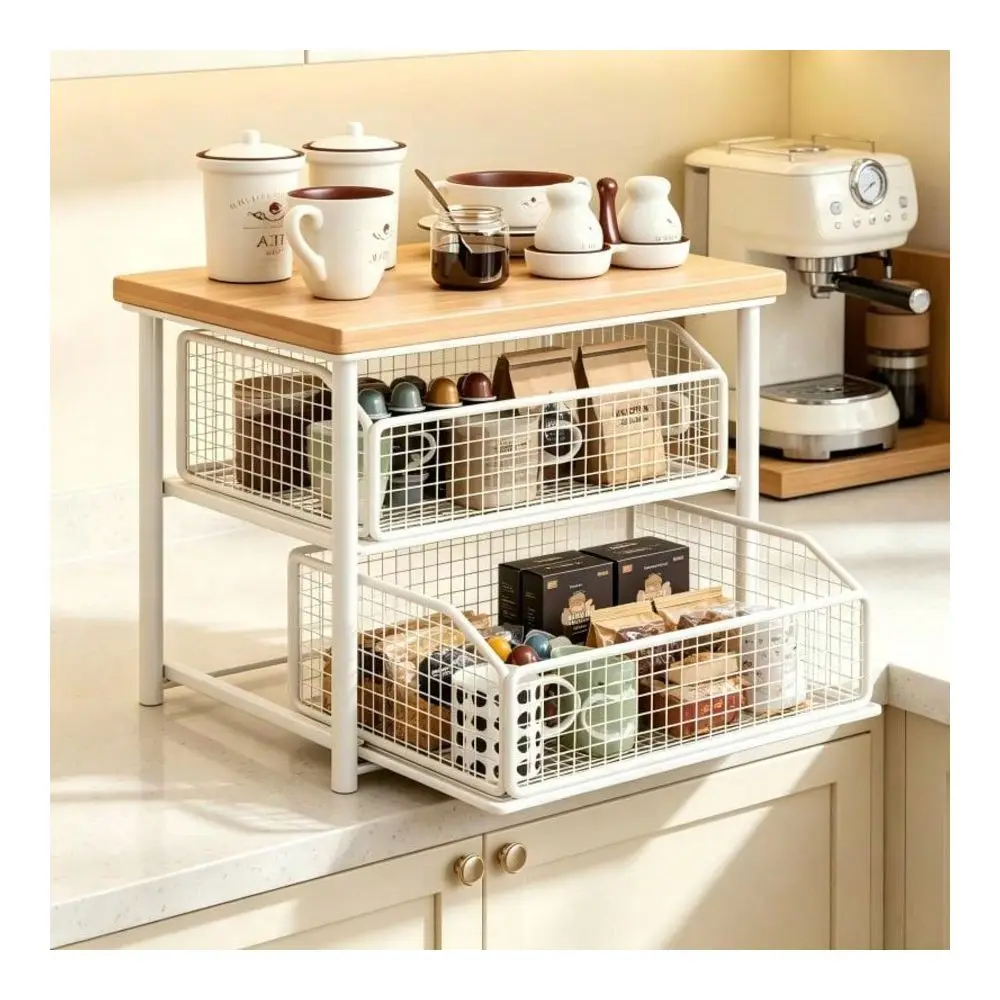 Solid Hardwood & Metal Double Layer Drawer-Type Countertop Organizer, Multi-Functional Vertical Storage Shelf For Coffee Bar Layout, Practical Household Storage Box To Store Coffee Mugs, Seasoning Spices, Tableware view 2