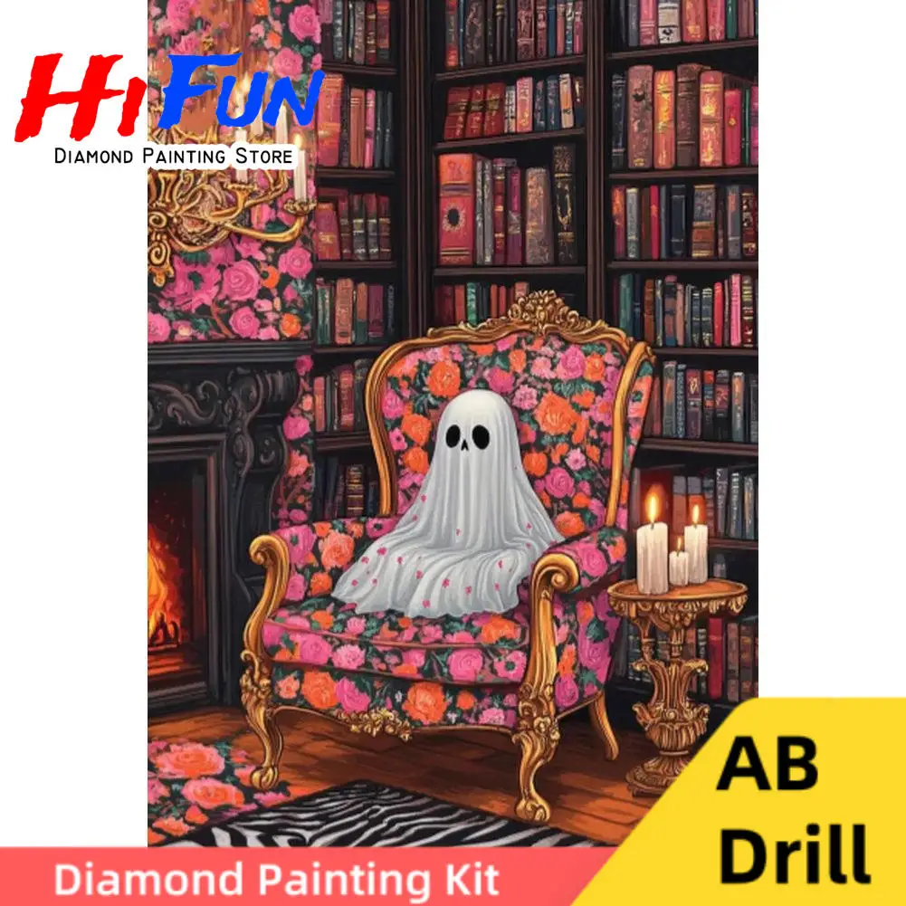 

Reading Ghost Posters Diamond Painting New AB Drills 5D DIY Full Round Vintage Library Diamonds Mosaic Embroidery Cross Stitch